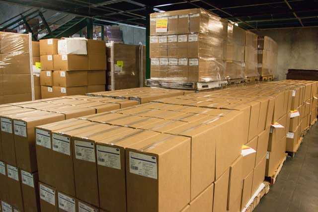 Packed boxes in a warehouse.