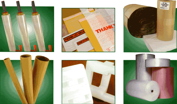 Packaging supplies including stretch film, mailers, bubble wrap, foam, and paper
